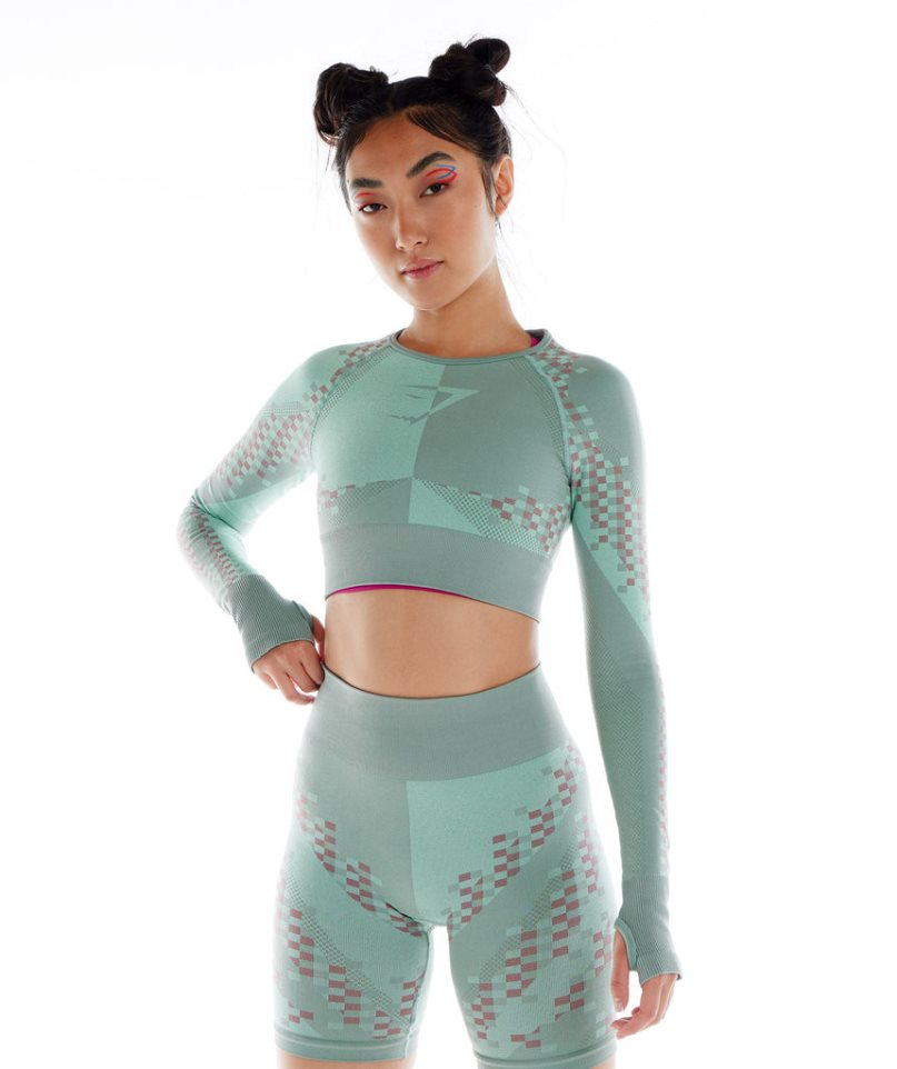 Women\'s Gymshark Wtflex Cyborg Seamless Long Sleeve Cropped Tops Green | NZ 6HXTGU